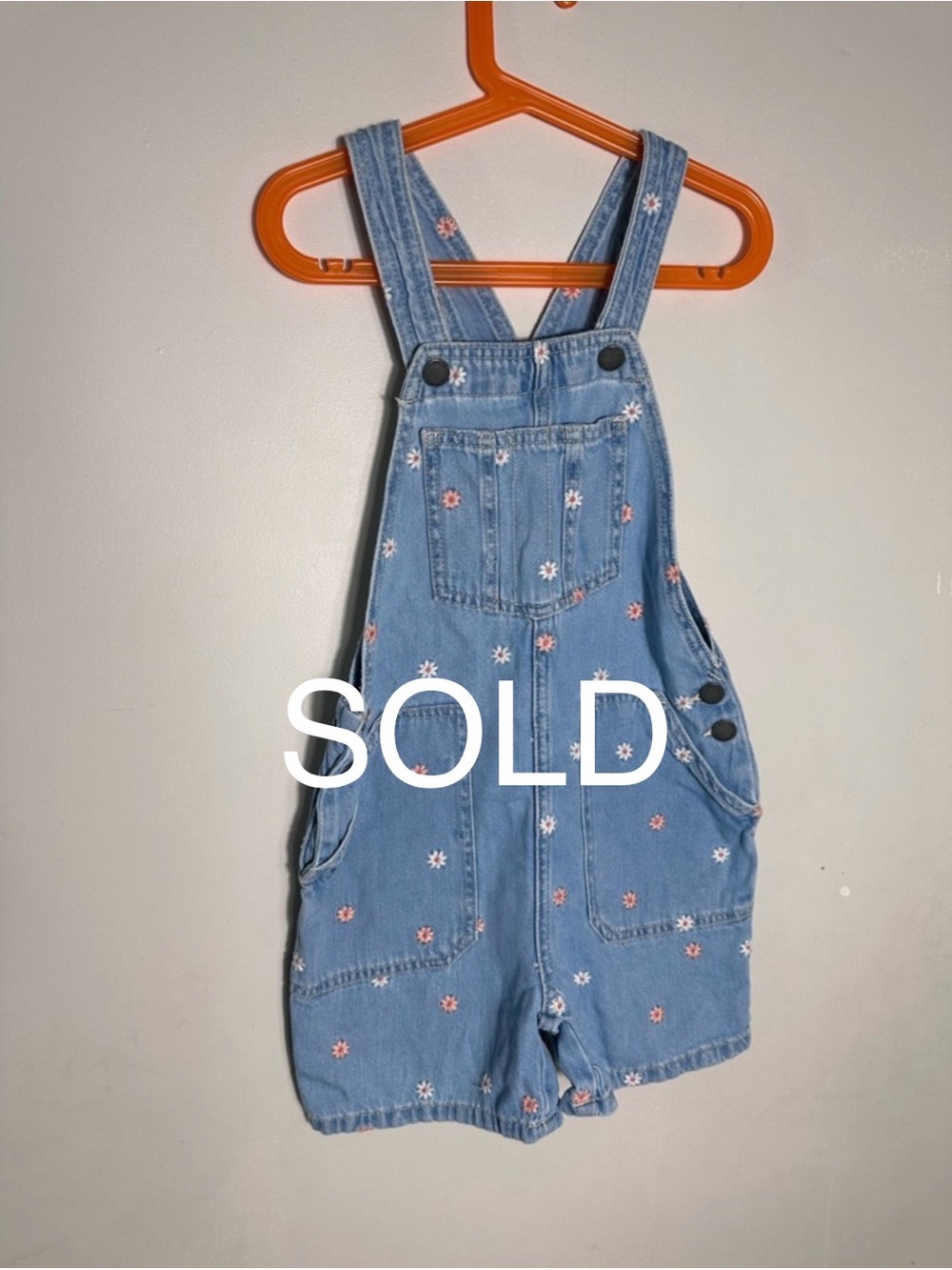SOLD Cotton On Blue Denim Short Overalls with Pink & White Daisy Embroidery